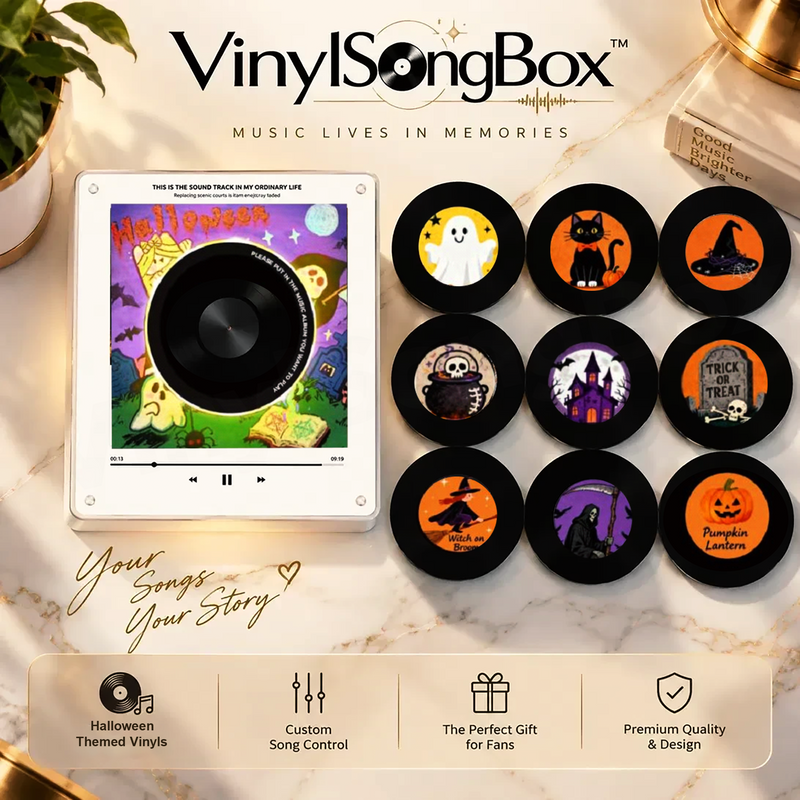 Personalized song vinyl box, Halloween session mini vinyl music player, front view